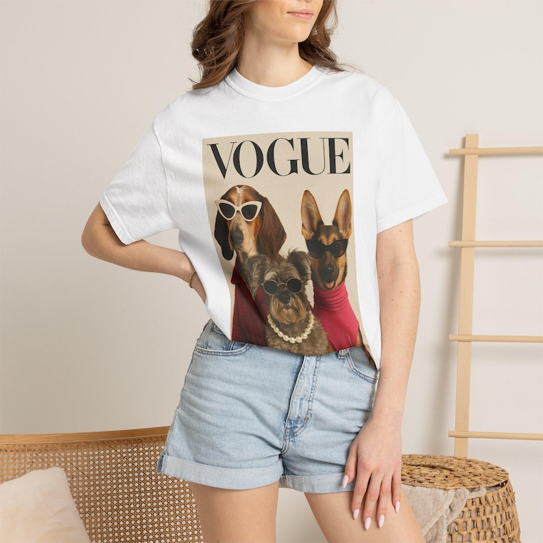 Vogue Dogs Magazine Cover T-Shirt, Fashionable Pups Portrait Tee, Streetwear Unisex Shirt image 1