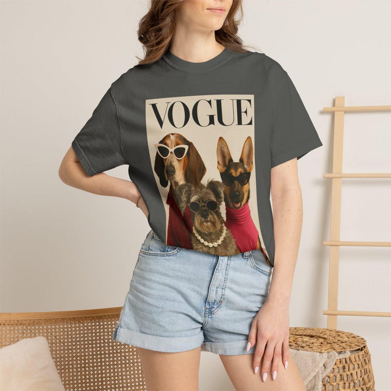 Vogue Dogs Magazine Cover T-Shirt, Fashionable Pups Portrait Tee, Streetwear Unisex Shirt image 3