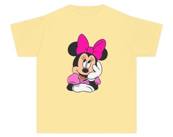 Pink Bow Minnie Mouse Sitting Youth Tee | Cartoon Character Kids Shirt