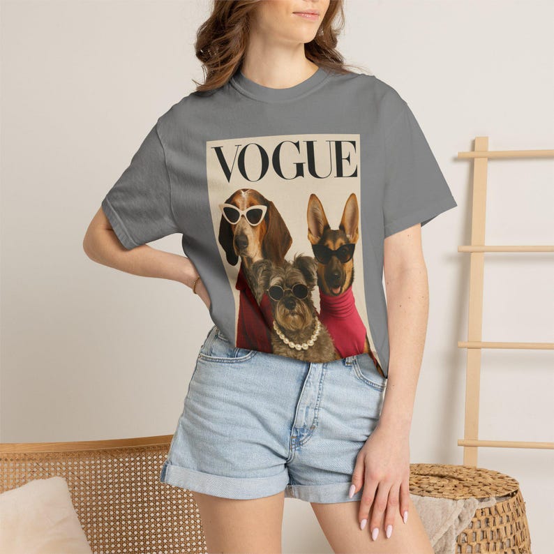 Vogue Dogs Magazine Cover T-Shirt, Fashionable Pups Portrait Tee, Streetwear Unisex Shirt image 4