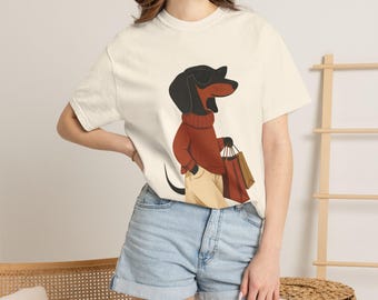 Garment-Dyed Dachshund Shopping Dog Tee, Whimsical Wiener Dog Lover Shirt