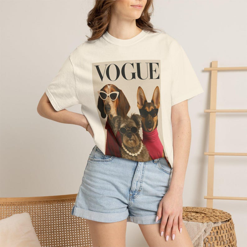 Vogue Dogs Magazine Cover T-Shirt, Fashionable Pups Portrait Tee, Streetwear Unisex Shirt image 2