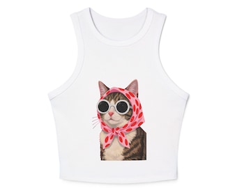 Cat Polka Dot Scarf Sunglasses Tank Top | Retro Pet Lover Summer Crop