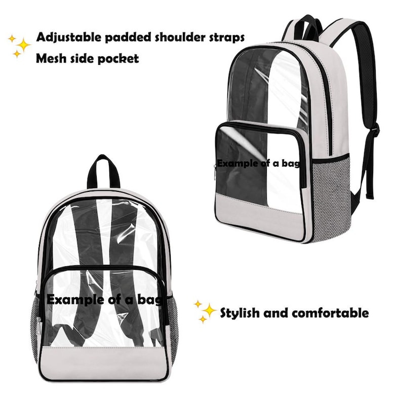 May include: Two backpacks with clear front panels and black and white striped designs. The bags have adjustable padded shoulder straps and mesh side pockets. The text "Example of a bag" is visible on the front pocket. The bags are stylish and comfortable.