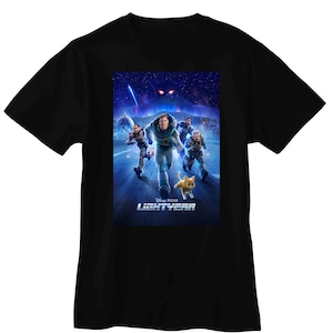 May include: Black t-shirt featuring a graphic from the Disney Pixar movie, Lightyear. The graphic shows Buzz Lightyear and other characters running, with the movie title at the bottom. The background is a space scene with a large, ominous figure.