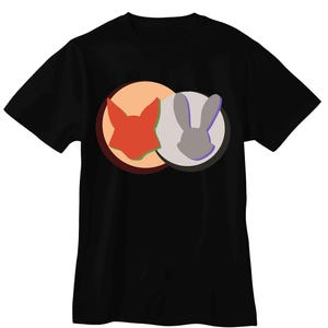May include: A black short-sleeved t-shirt featuring a graphic design on the chest. The design consists of two overlapping circles, one orange and one light gray, containing the silhouettes of a fox head and a rabbit head respectively.