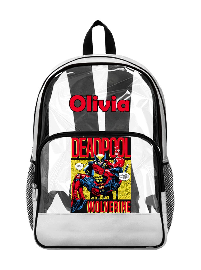 May include: Clear backpack with black and white striped design and a black handle. The front features a comic book image of Deadpool and Wolverine, with the name "Olivia" in red.