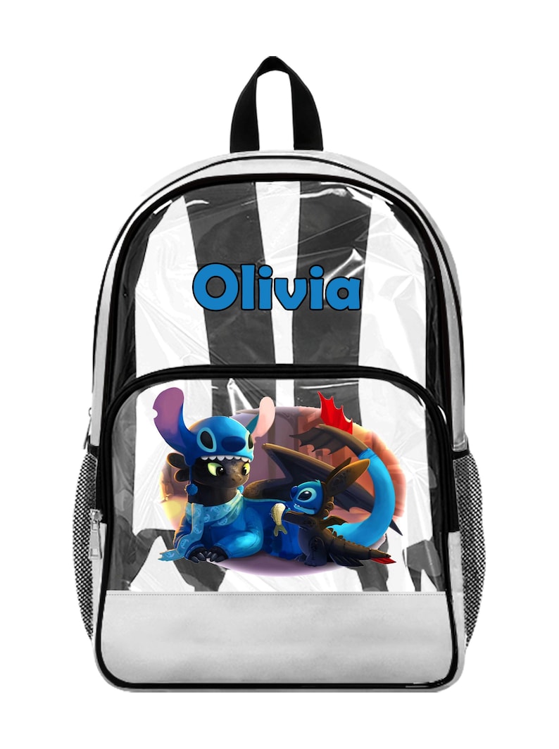 May include: A black and white striped backpack with a clear front panel. The backpack features a blue and black cartoon character design and the name "Olivia" in blue letters.