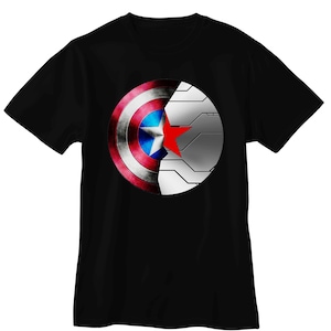 May include: Black t-shirt featuring a graphic design of Captain America's shield and the Winter Soldier's arm. The shield is red, white, and blue with a star, while the arm is metallic silver. The design is centered on the front of the shirt.