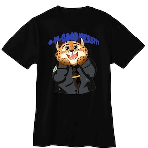 Puede incluir: Camiseta negra con un personaje de guepardo de dibujos animados con traje y corbata. El guepardo tiene una expresi&oacute;n sonriente y el texto "o-m-GOODNESS!!!" est&aacute; encima del personaje en azul.