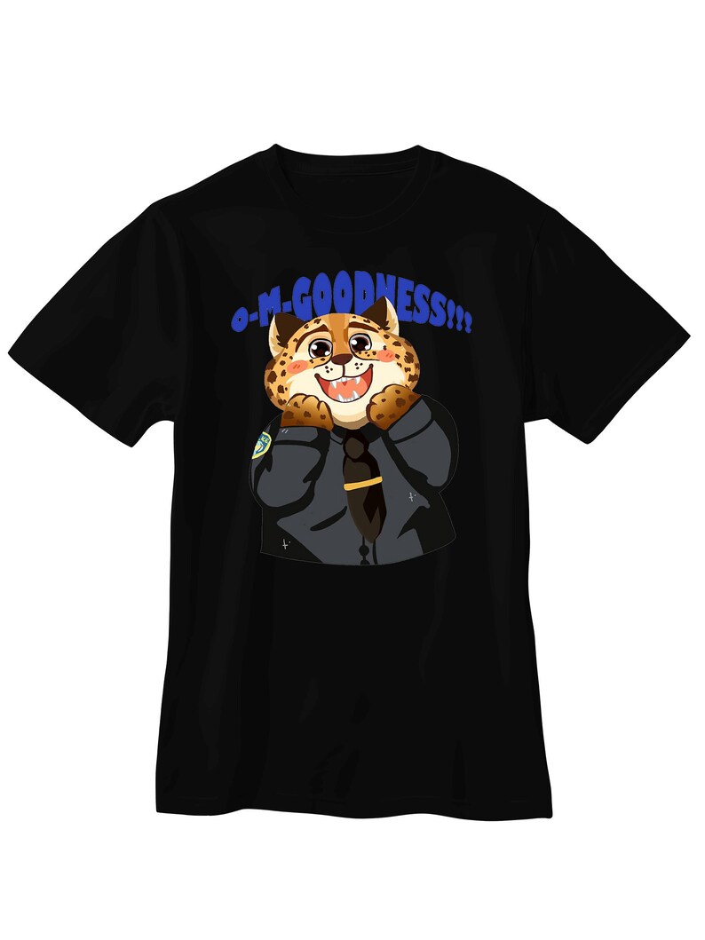 Puede incluir: Camiseta negra con un personaje de guepardo de dibujos animados con traje y corbata. El guepardo tiene una expresi&oacute;n sonriente y el texto "o-m-GOODNESS!!!" est&aacute; encima del personaje en azul.