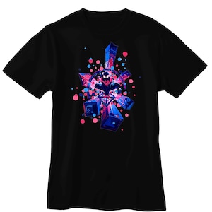 May include: Black t-shirt featuring a vibrant graphic design. The design includes a central figure surrounded by geometric shapes and colorful dots in shades of blue, pink, and purple. The artwork has a futuristic, abstract style.