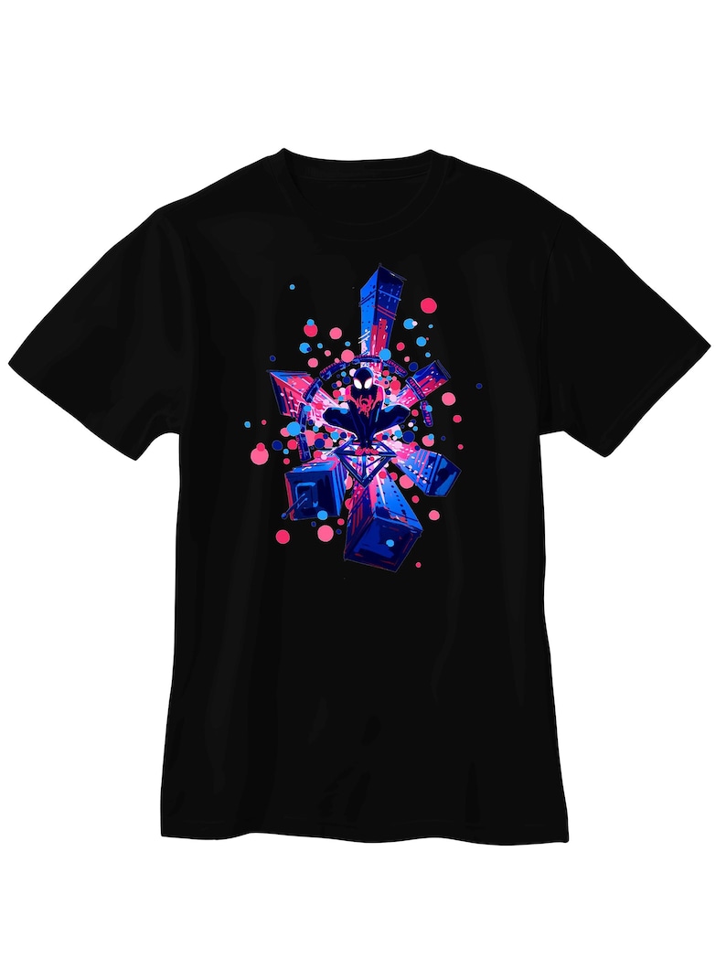 May include: Black t-shirt featuring a vibrant graphic design. The design includes a central figure surrounded by geometric shapes and colorful dots in shades of blue, pink, and purple. The artwork has a futuristic, abstract style.