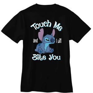 May include: Black t-shirt featuring a blue cartoon character with large ears. The character is sitting and has the text "Touch Me and I will Bite You" in white and light blue. The shirt is a short-sleeved crew neck.