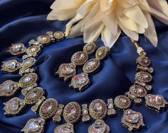 Set di collana Polki in oro antico / Gioielli da sposa di tendenza in stile Kundan
