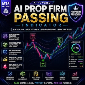 Peut inclure: Graphique numérique avec le texte "AI PROP FIRM PASSING INDICATOR" en or. L'image met en évidence l'algorithme IA, la haute précision et la gestion des risques. Il comprend un graphique avec des indicateurs d'achat et de vente, et un niveau de confiance de 87%.