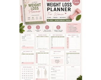 Minimalist Weight Loss Planner | Editable Fitness planner,fitness tracker, (Digital Download)