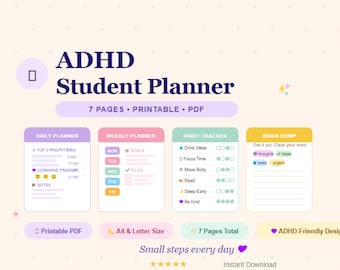 2026 ADHD Student Digital Planner(Minimal) : Self-Care and Habit Tracker (Goodnotes/Printable) (Digital Download)