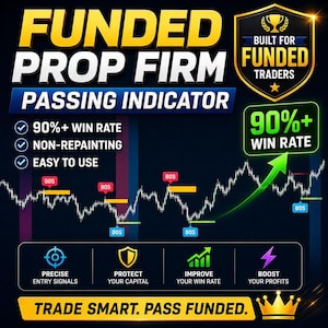 Puede incluir: Gráfico promocional para una "FUNDED PROP FIRM" con un "PASSING INDICATOR". Destaca una tasa de ganancia del 90%+, funciones de no repintado y facilidad de uso. También incluye el texto "TRADE SMART. PASS FUNDED."