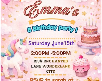 Editable Unicorn Birthday Invitation, Printable Kids Party Invite