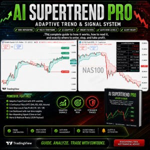 Könnte beinhalten: Bildungsleitfaden für das adaptive Trend- und Signalsystem AI Supertrend Pro. Enthält Funktionen wie Non-Repainting, Multi-Timeframe, AI Adaptive, Smart Filters und Auto Risk Levels. Zeigt zwei TradingView-Charts, ein Handbuch und Merkmalslisten.