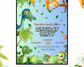 Dinosaur Birthday Invitation, Cartoon Dino Jungle Theme, 1st Birthday Boy Party (Digital Download)