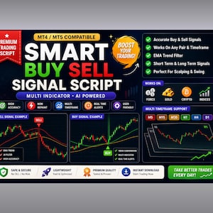 May include: A promotional graphic for a trading script, featuring the text "SMART BUY SELL SIGNAL SCRIPT." The design includes charts, icons for Forex, Gold, Crypto, and Indices, and the phrase "TAKE BETTER TRADES EVERY DAY!"