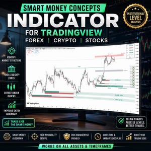 Peut inclure: Un &eacute;cran d'ordinateur affichant un graphique financier TradingView avec le texte Smart Money Concepts Indicator for TradingView Forex Crypto Stocks. L'&eacute;cran montre la structure du march&eacute;, les zones de liquidit&eacute; et les blocs d'ordres.