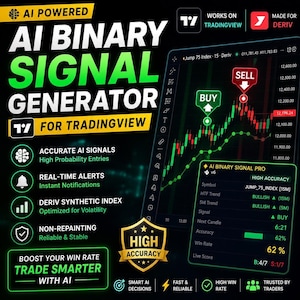 May include: An advertisement for an AI binary signal generator for TradingView. The graphic features a trading chart, the text "AI BINARY SIGNAL GENERATOR", and icons representing features like real-time alerts and high accuracy.