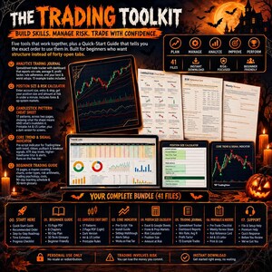 May include: The Trading Toolkit bundle includes a digital trading journal, position size and risk calculator, candlestick pattern cheat sheet, core trend and signal indicator, and a beginner trading guide, totaling 41 files for financial analysis.