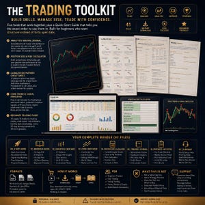 May include: The Trading Toolkit digital bundle features 41 files including a trading journal, position size calculator, candlestick cheat sheet, and beginner guide. The display shows various spreadsheets, charts, and instructional documents with gold text on a dark background.