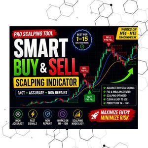 Puede incluir: Un gráfico digital que promociona un "Indicador de Scalping Smart Buy & Sell" para trading. El diseño presenta texto, gráficos e iconos, con las palabras "Smart Buy & Sell" en letras grandes y en negrita. El gráfico destaca características como señales precisas y la minimización de riesgos.