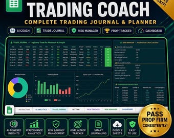 AI Prop Firm Trading Journal Google Sheets | AI Trading Coach Dashboard | Prop Firm Tracker | Risk Manager | Trading Planner Template