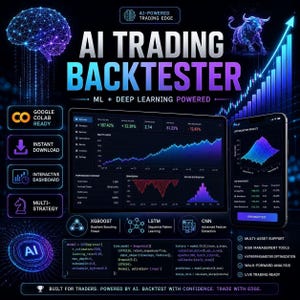 May include: An advertisement for an AI trading backtester. The image features a tablet and smartphone displaying data visualizations, with text that reads "AI Trading Backtester" and "ML + Deep Learning Powered." Additional text includes "Google Colab Ready" and "Instant Download."