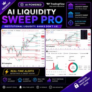 May include: A digital dashboard for the AI Liquidity Sweep Pro trading indicator on TradingView. It displays financial charts with liquidity zones, real-time alerts, and performance metrics including a trade distribution graph and a total trade count of 214.
