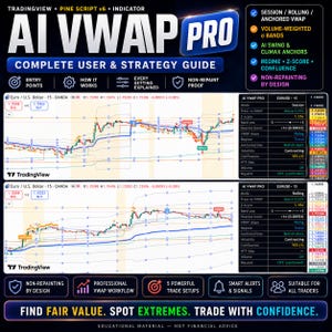 May include: A digital guide for the AI VWAP PRO TradingView indicator, featuring two financial charts showing Euro/US Dollar currency pairs with various technical analysis overlays, data tables, and text labels explaining strategy and indicator features.