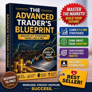Op de afbeelding: Een donkerblauw boek getiteld The Advanced Trader's Blueprint met gouden tekst en een afbeelding van gouden munten en handelsgrafieken. De kaft bevat tekst zoals Master ICT Strategies, Trade Like a Pro en Beginner to Pro met extra tekstvakken.
