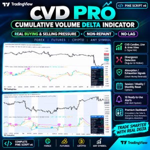 May include: A digital graphic for the CVD PRO Cumulative Volume Delta Indicator for TradingView. It displays two financial charts with line graphs, volume data, and a sidebar listing features like divergence detection, absorption signals, and alerts.