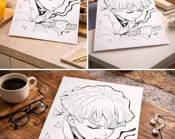 most selling Anime Coloring Page, printable, Demon Slayer Line Art (Digital Download)