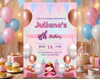Floral Princess Birthday Invitation, Editable Canva Template(5x7), Royal Theme Party Invite Instant Download