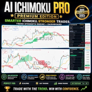 以下が含まれることがあります： AI Ichimoku Pro Premium Editionソフトウェアインターフェース。XAUUSDおよびEURUSDの金融取引チャートを表示。ダッシュボードには、トレンド強度インジケーター、一目均衡表分析、リアルタイムの市場データ、売買ボタンが含まれています。