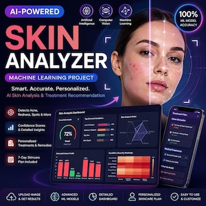 May include: An advertisement for a skin analyzer, featuring a woman's face split in two, with one side showing a digital overlay. The text reads "Skin Analyzer" and "Machine Learning Project." Additional text highlights features like acne detection and personalized treatments. A smartphone and tablet display data.