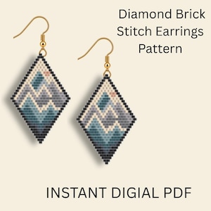 May include: Diamond-shaped earrings featuring a brick stitch pattern of a mountain landscape in shades of blue, grey, and white with gold-tone hooks. The text reads Diamond Brick Stitch Earrings Pattern and INSTANT DIGIAL PDF.