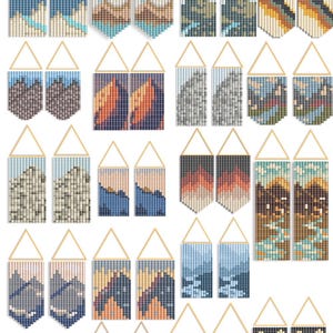 May include: A collection of 18 Western Mountain Earring Patterns displayed as digital designs. Each pattern features a grid-based mountain landscape in various color palettes, suspended from a gold triangular frame. Text reads 18 Western Mountain Earring Patterns.