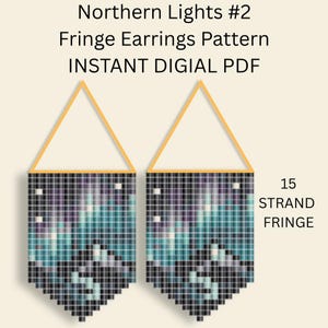 May include: A digital PDF pattern for Northern Lights #2 fringe earrings. The design features a pixelated mountain landscape under a night sky with teal and purple aurora borealis colors. The pattern includes a 15 strand fringe design.
