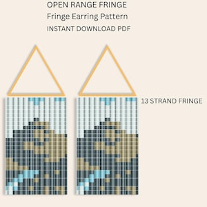 May include: A digital pattern for fringe earrings. The design features two rectangular earring patterns with a geometric design in shades of blue, tan, and black. The text at the top reads "OPEN RANGE FRINGE Fringe Earring Pattern INSTANT DOWNLOAD PDF".
