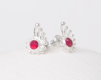 Fuchsia Silver Nautilus Stud Earrings with Rani Chalcedony, Sterling Silver Shell Stud Earrings, Dark Pink Gemstone Earrings, Spirals, 925