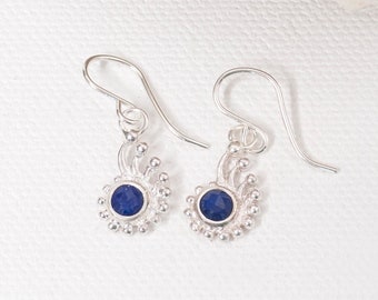 Lapis Lazuli Silver Nautilus Dangle Earrings, Dark Blue Genuine Lapis Sterling Silver Shell Drop Earring, 925 Silver Shell Charm Gem Earring