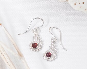 Red Garnet Silver Nautilus Dangle Earrings, Mozambique Garnet Sterling Silver Shell Drop Earrings, Delicate 925 Silver Shell Charm Earrings