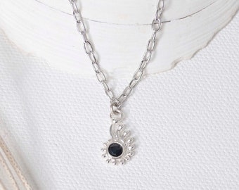 18" Silver Onyx Nautilus Shell Charm Necklace Pendant, Cute Sterling Silver Black Onyx Shell Charm Pendant, 925 Petite Black Gemstone Layers